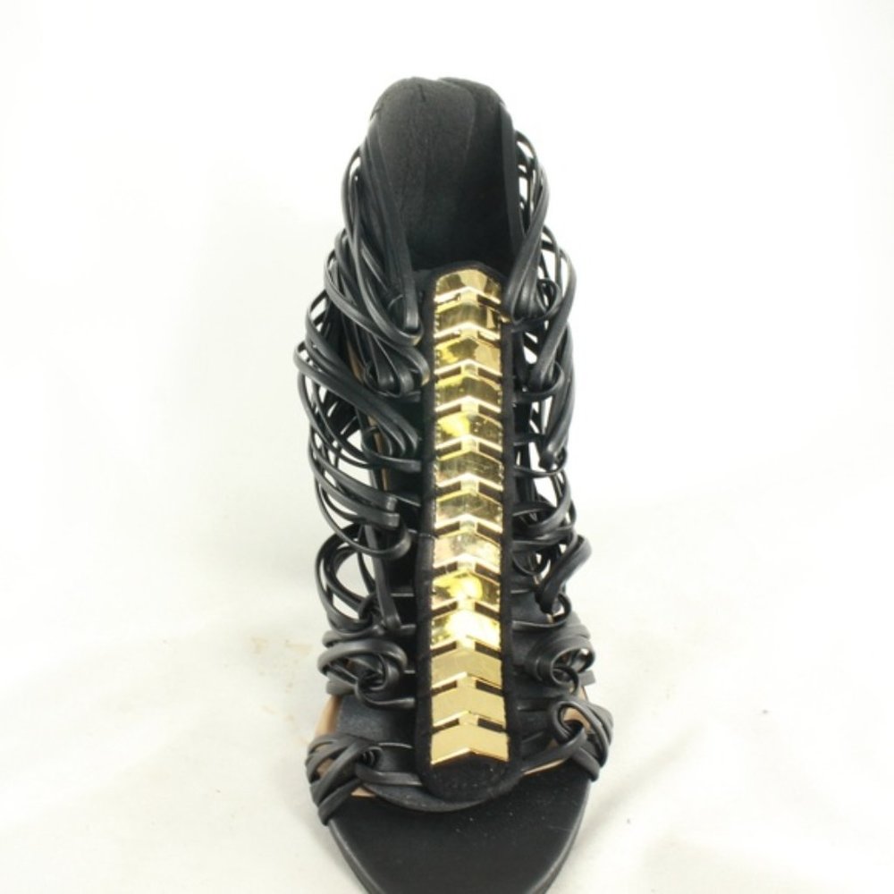 JustFab Strappy Open Toe Black Gold Sandal Heels - Picture 6 of 8
